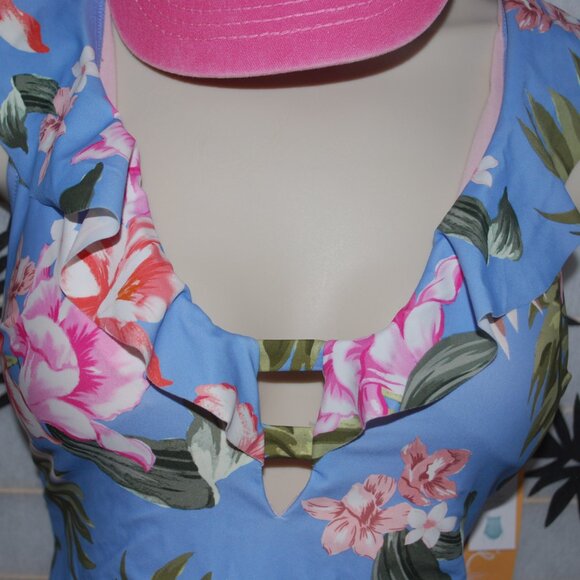 Kona Sol - Ruffle Neck One Piece Floral Bathing Suit - Size L 12-14 NWT - Picture 3 of 12